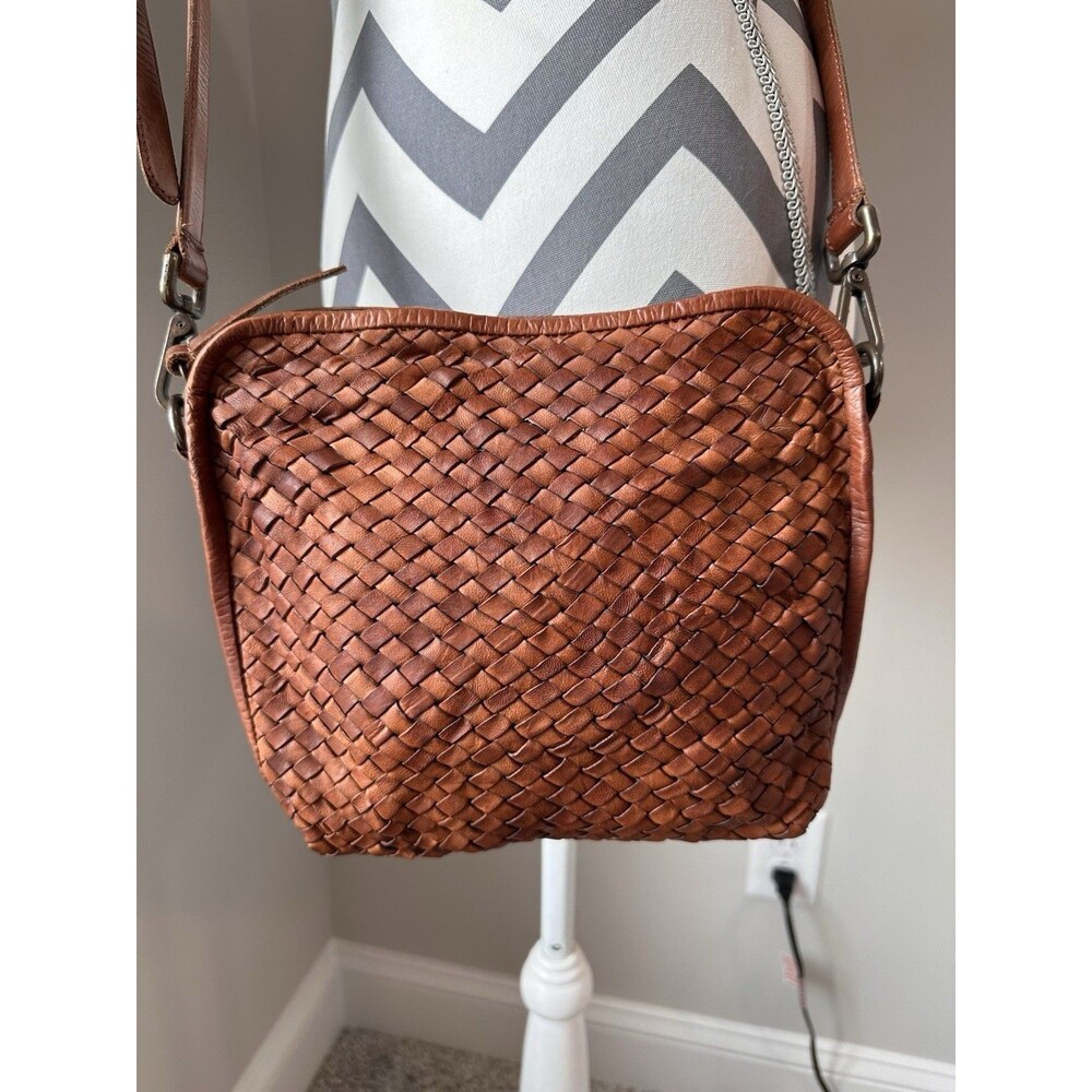 Platania Woven Leather Crossbody Bag Made in Italy Cognac Tan Intrecciato - Picture 2 of 6